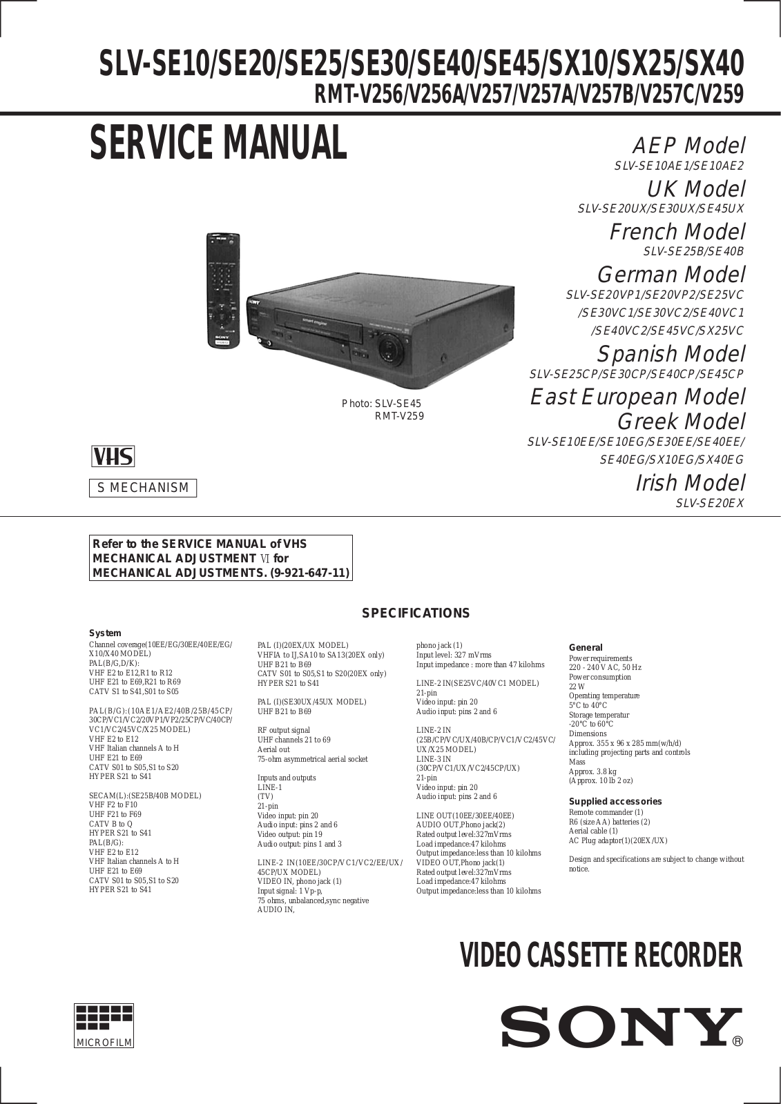 Sony SLV-SE10, SLV-SE20, SLV-SE25 Service Manual
