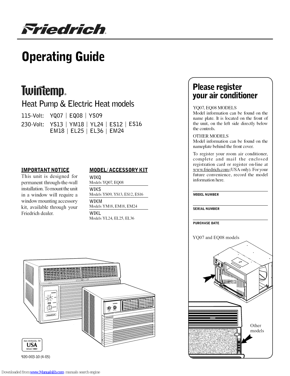 Friedrich YS09, YM18, YL24, ES12, EL25 Operating Manual - ManualMachine.com