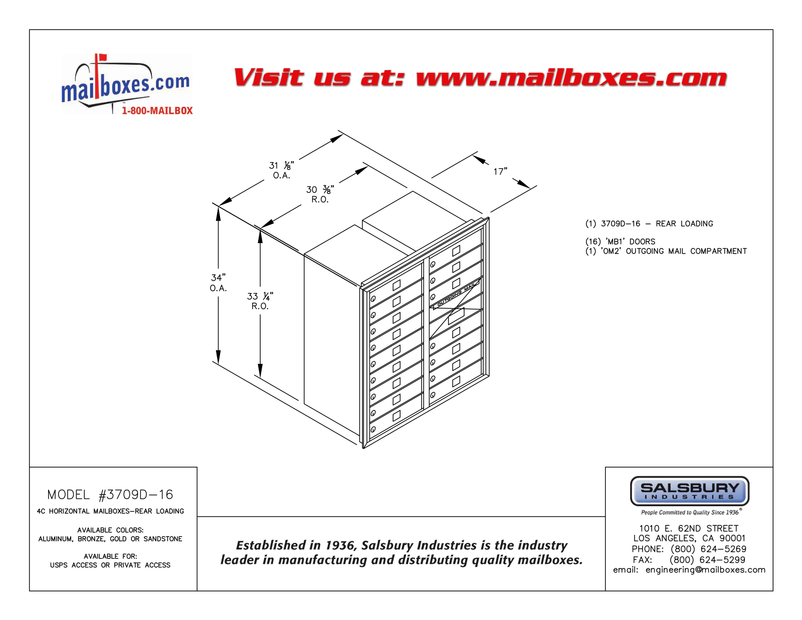 Salsbury Industries 3709D16ZRU, 3709D16ZRP User Manual