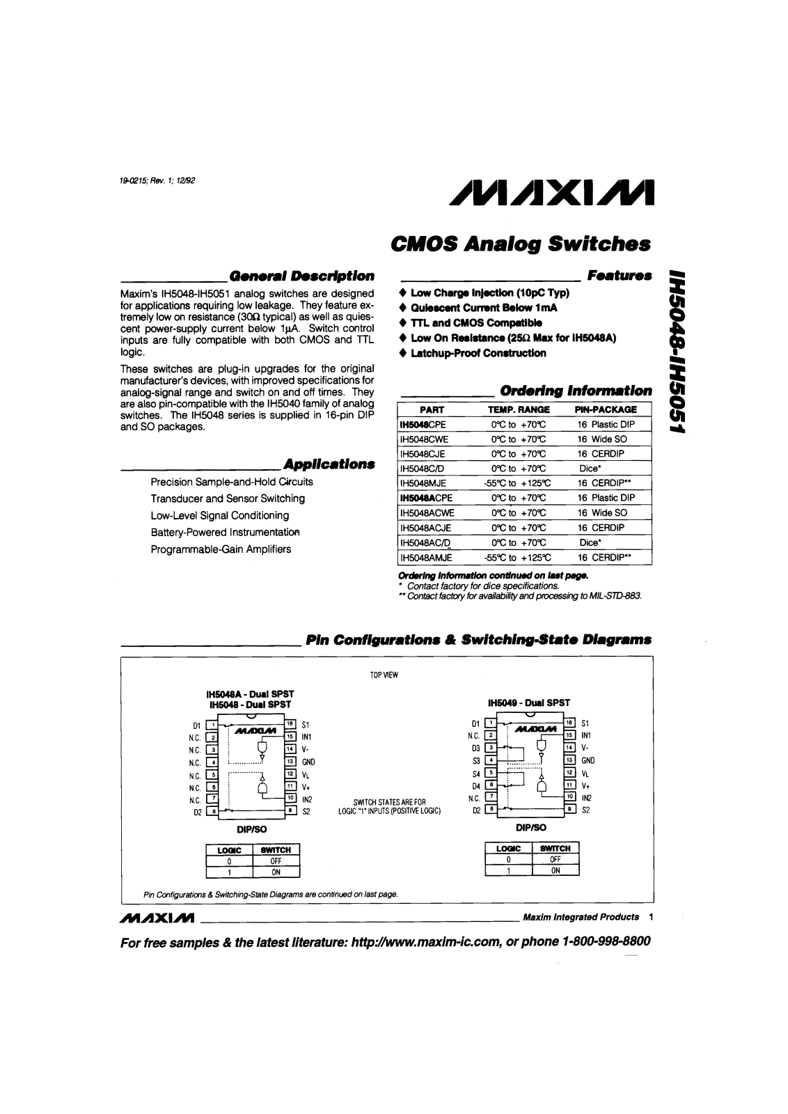 Maxim IH5051MJE, IH5051CWE, IH5050MJE, IH5050CWE, IH5048CPE Datasheet