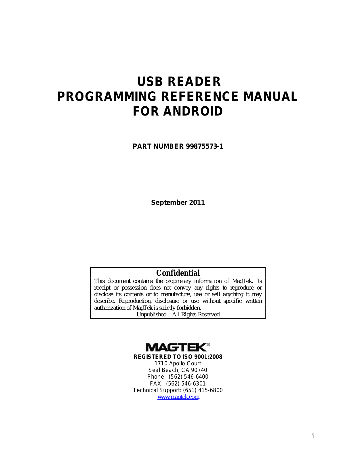 MagTek USB READER FOR ANDROID User Manual