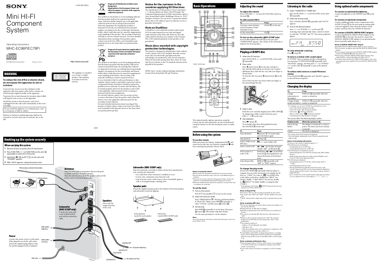 Sony 3-294-663-11-2, MHC-EC98P User Manual