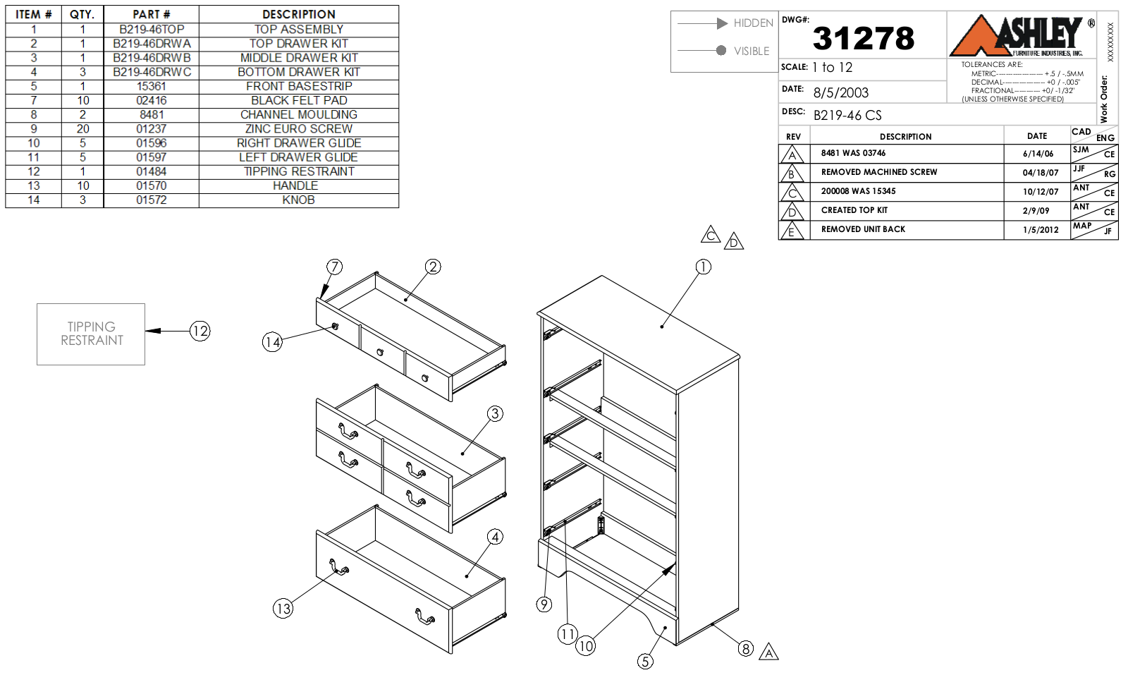 Ashley B21946 Part List