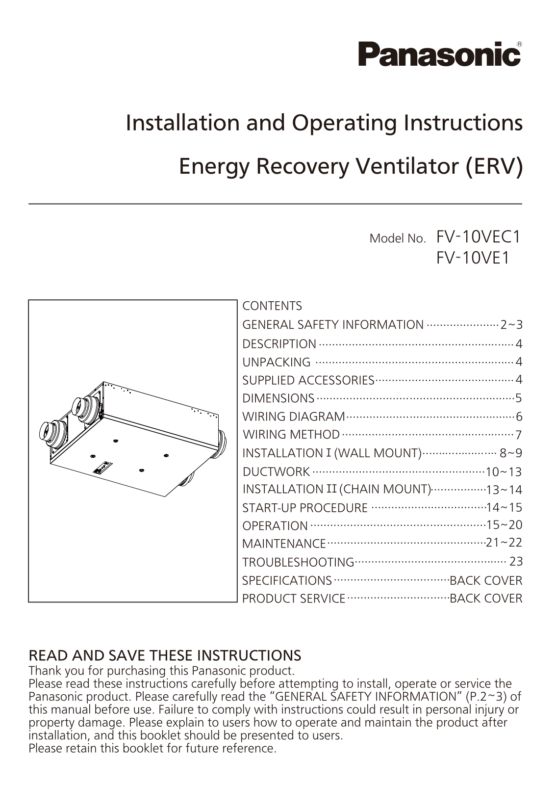 Panasonic fv-10ve1, FV-10VEC1 installation