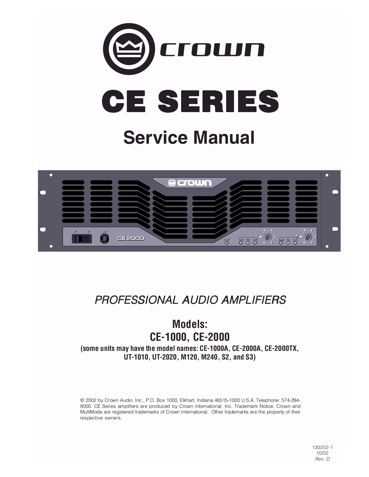 Crown CE-1000, CE-1000-A, CE-2000, CE-2000-A, CE-2000-TX Service manual