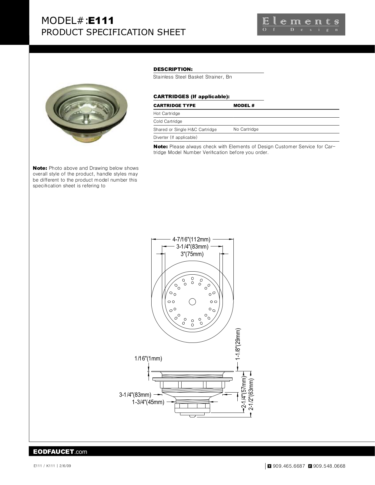 Elements of Design EDE1954 Specification Sheet - ManualMachine.com