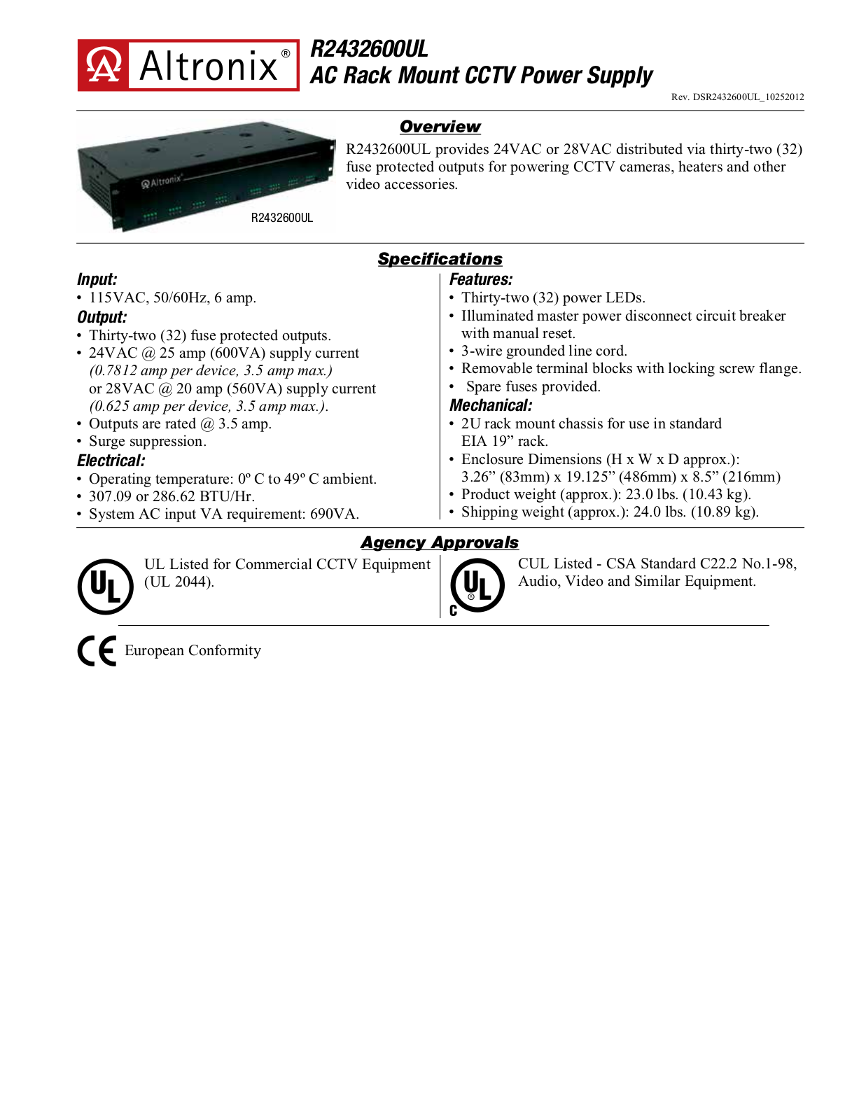 Altronix R2432600UL Data Sheet