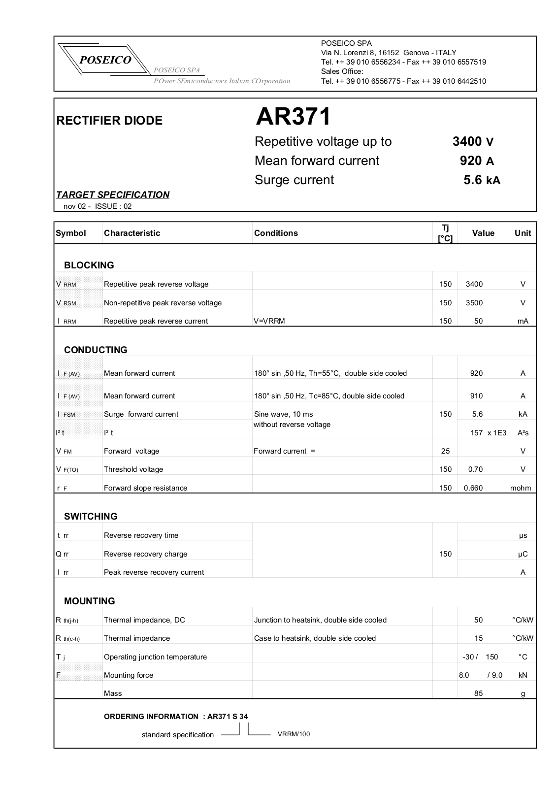 POSEICO AR371S34 Datasheet