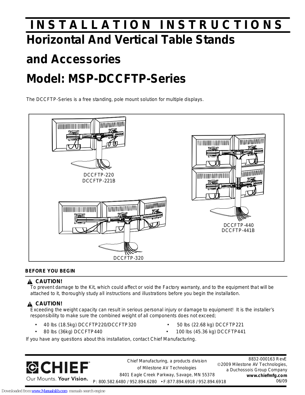 CHIEF MSP-DCCFTP-Series, DCCFTP-220, DCCFTP-221B, DCCFTP-440, DCCFTP-441B Installation Instructions Manual