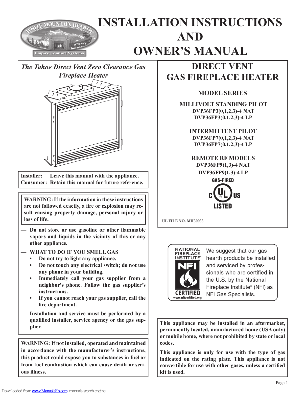 Empire Comfort Systems DVP36FP33-4, DVP36FP31-4NAT, DVP36FP31-4LP, DVP36FP32-4LP, DVP36FP33-4LP Installation Instructions And Owner's Manual