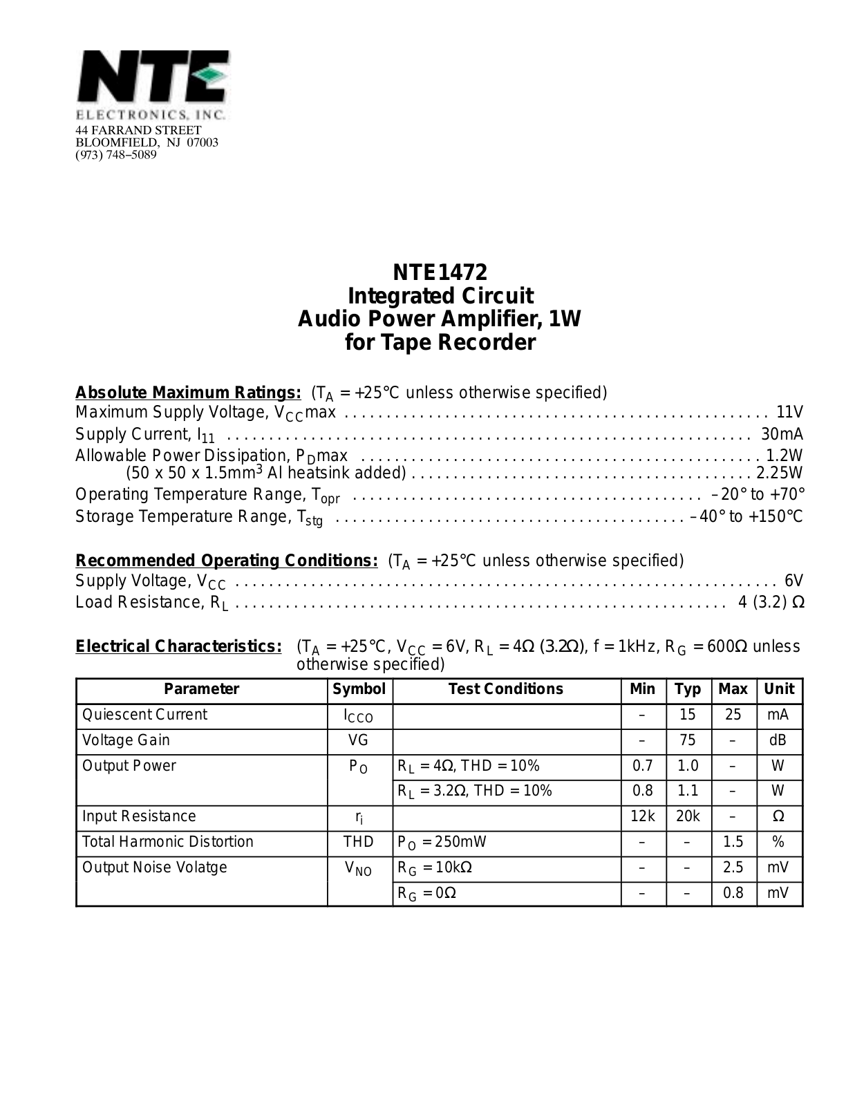 Datasheet NTE1472 Datasheet (NTE) - ManualMachine.com