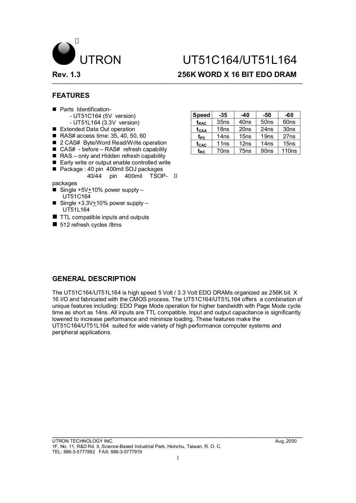 UTRON UT51L164MC-50, UT51L164MC-60, UT51L164MC-40, UT51L164MC-35, UT51L164JC-60 Datasheet