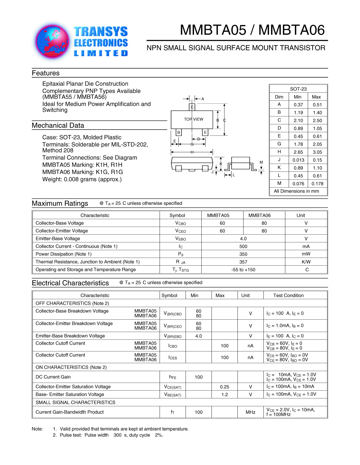 TEL MMBTA05, MMBTA06 Datasheet