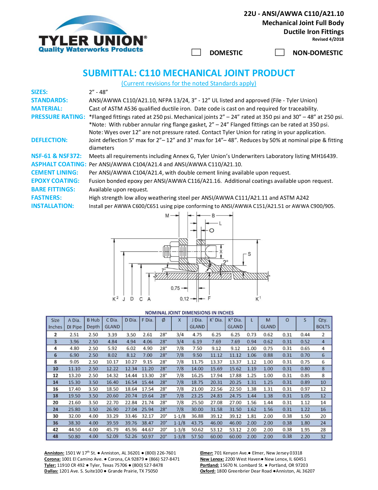 Tyler union C110 MECHANICAL JOINT PRODUCT User Manual