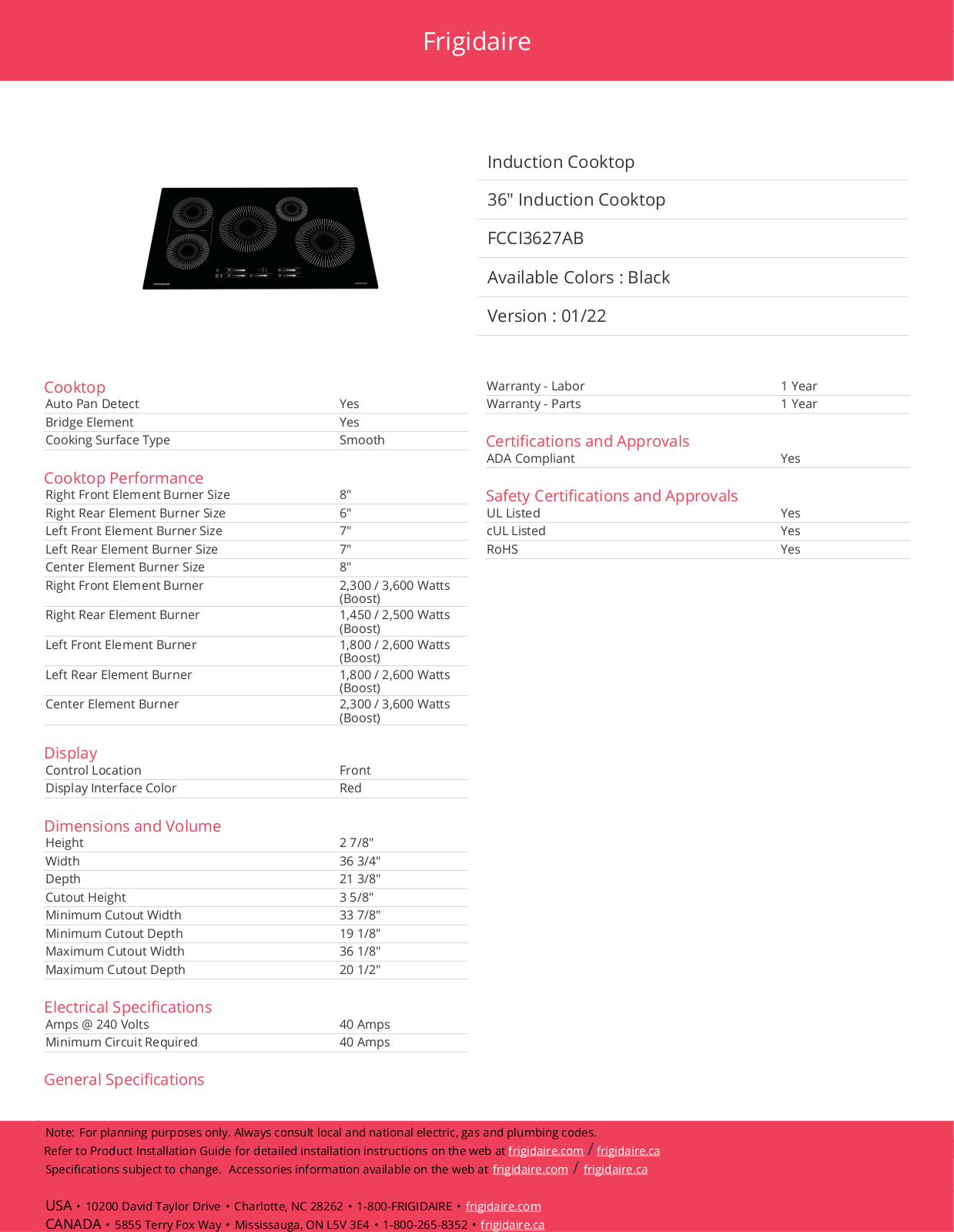 Frigidaire FCCI3627AB Specifications - ManualMachine.com