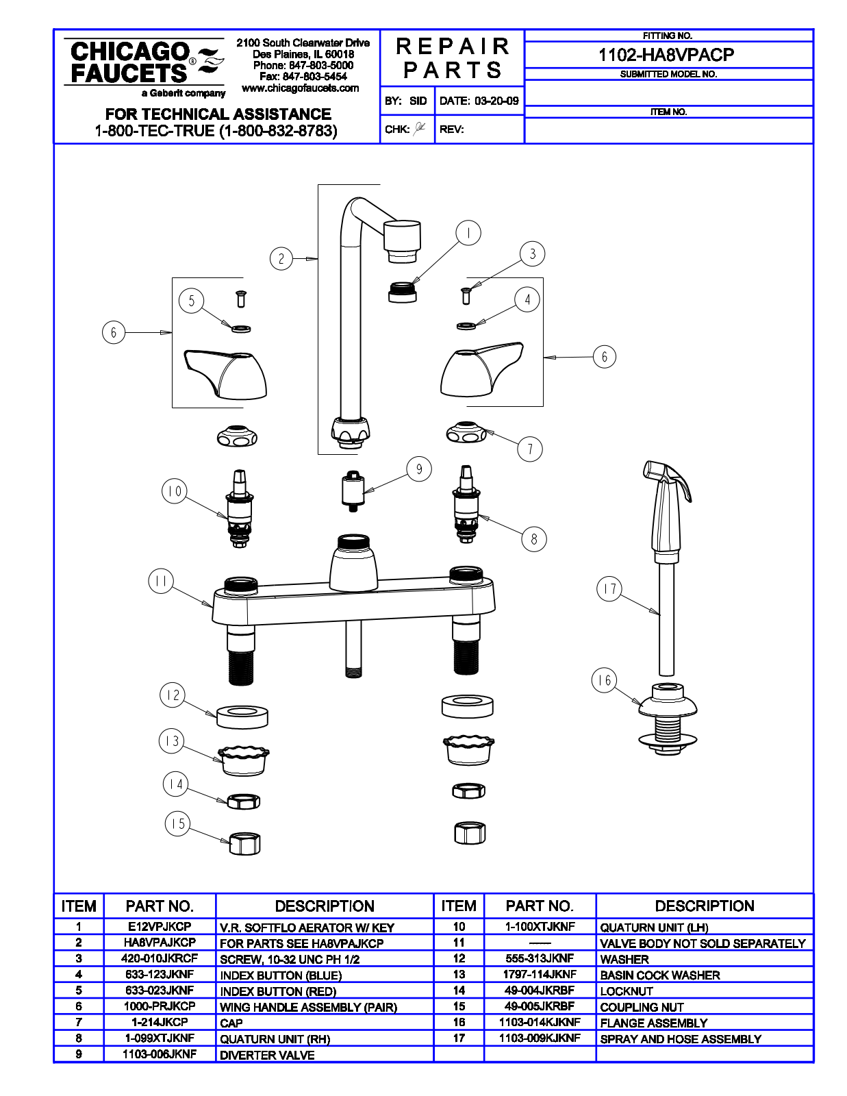 Chicago Faucet 1102-HA8VPACP Parts List