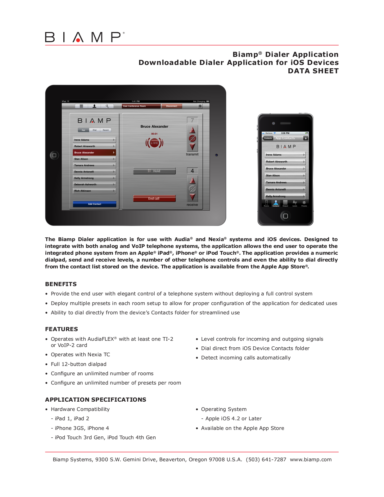 Biamp DIALER APPLICATION DATASHEET