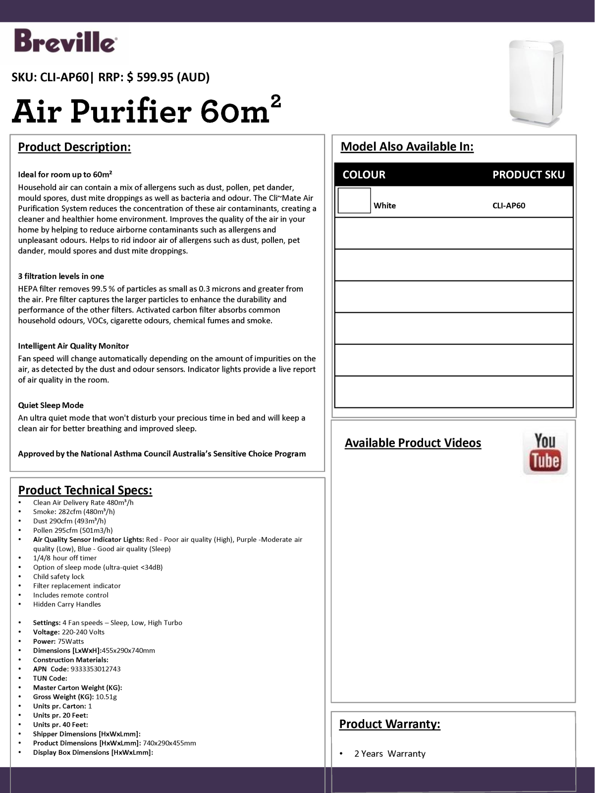 Cli-mate CLI-AP60 Specifications Sheet