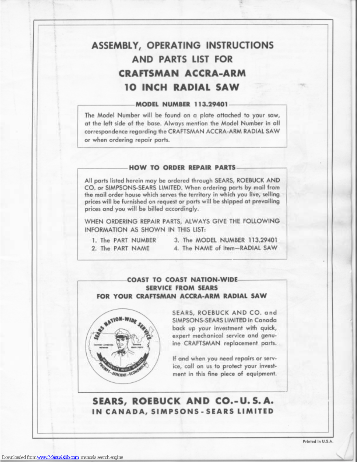 Craftsman 113.29401 Assembly, Operating Instructions And Parts List