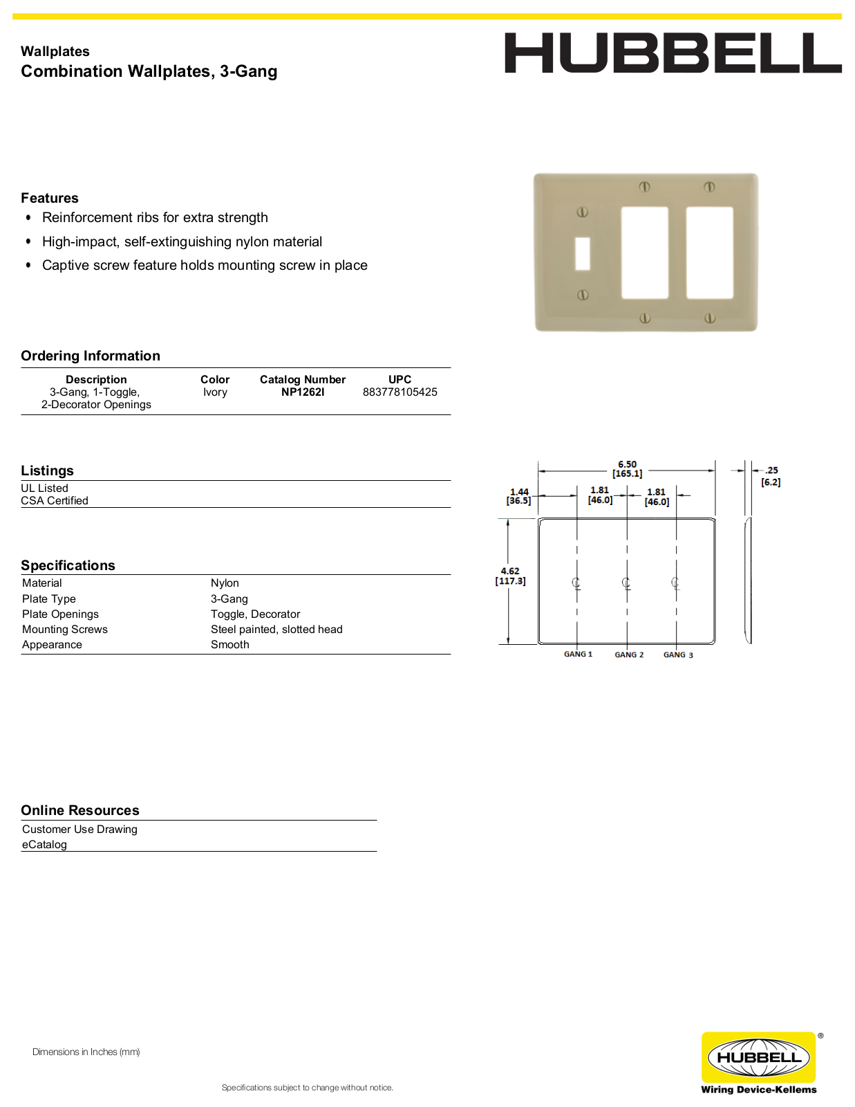 Hubbell NP1262I Specifications