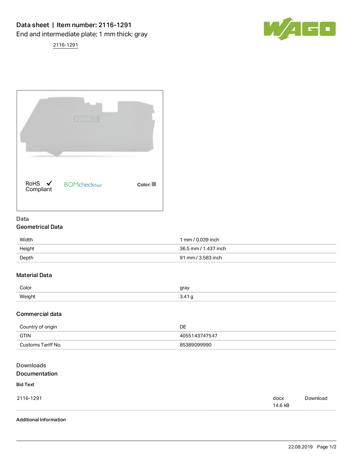 Wago 2116-1291 Data Sheet