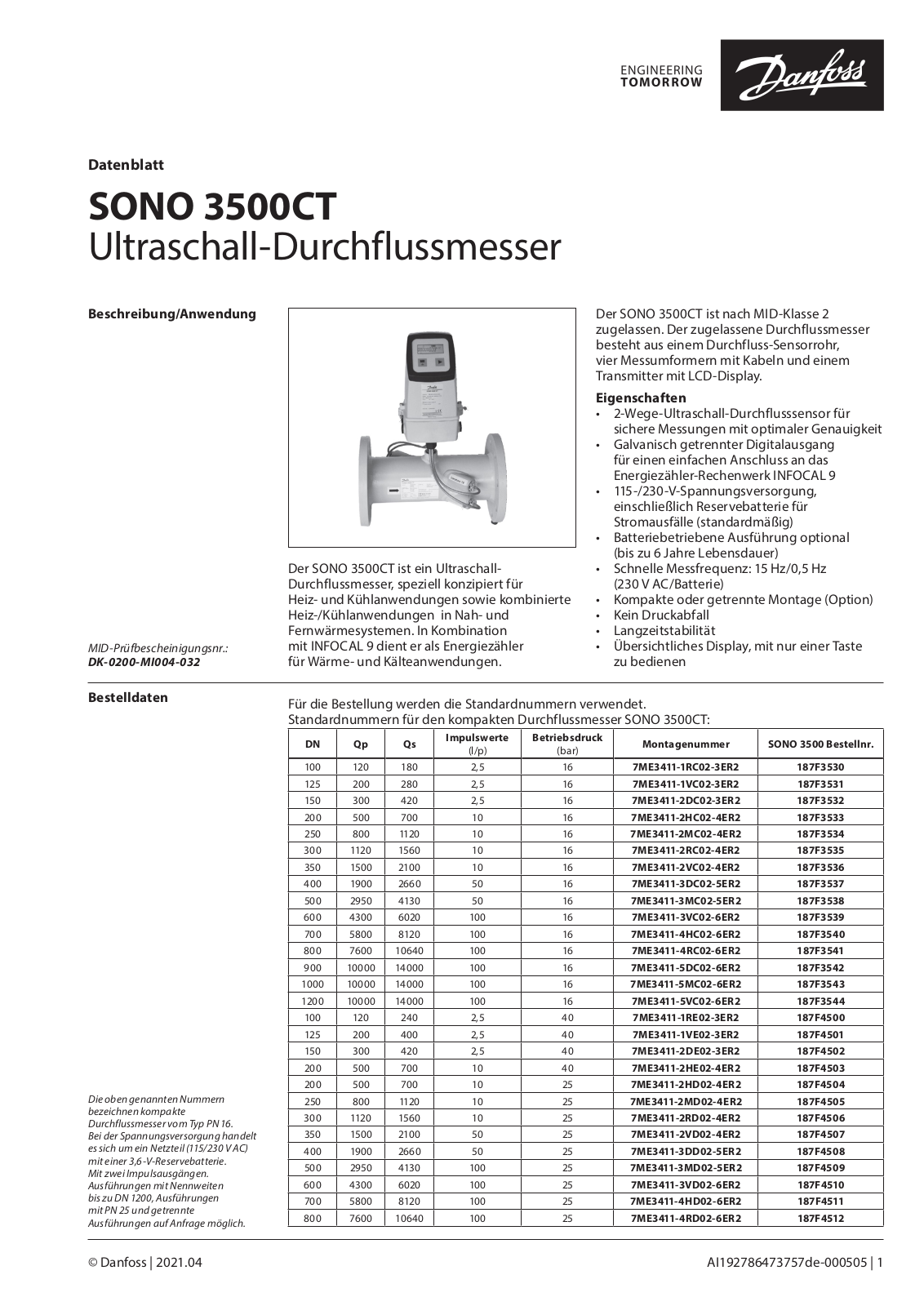 Danfoss SONO 3500CT Data sheet