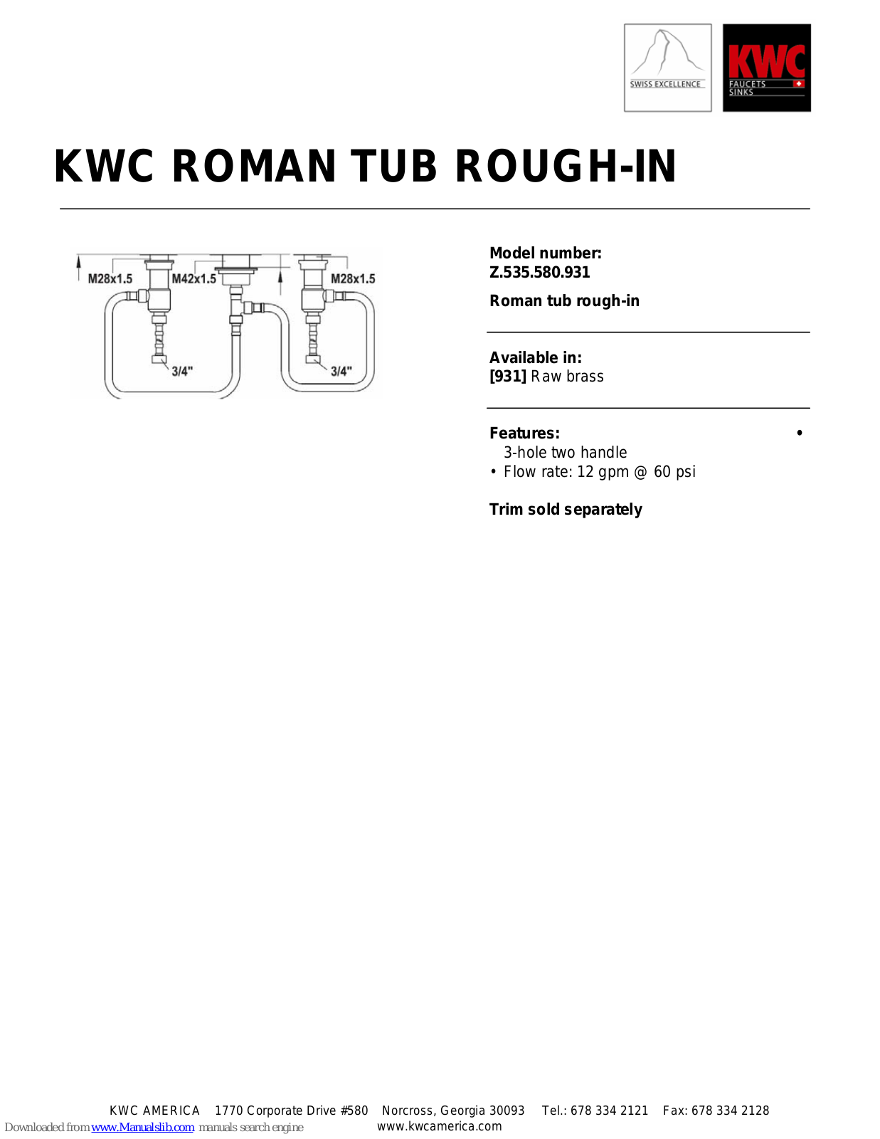 KWC Roman Tub Rough-in Z.535.580.931 Specification Sheet