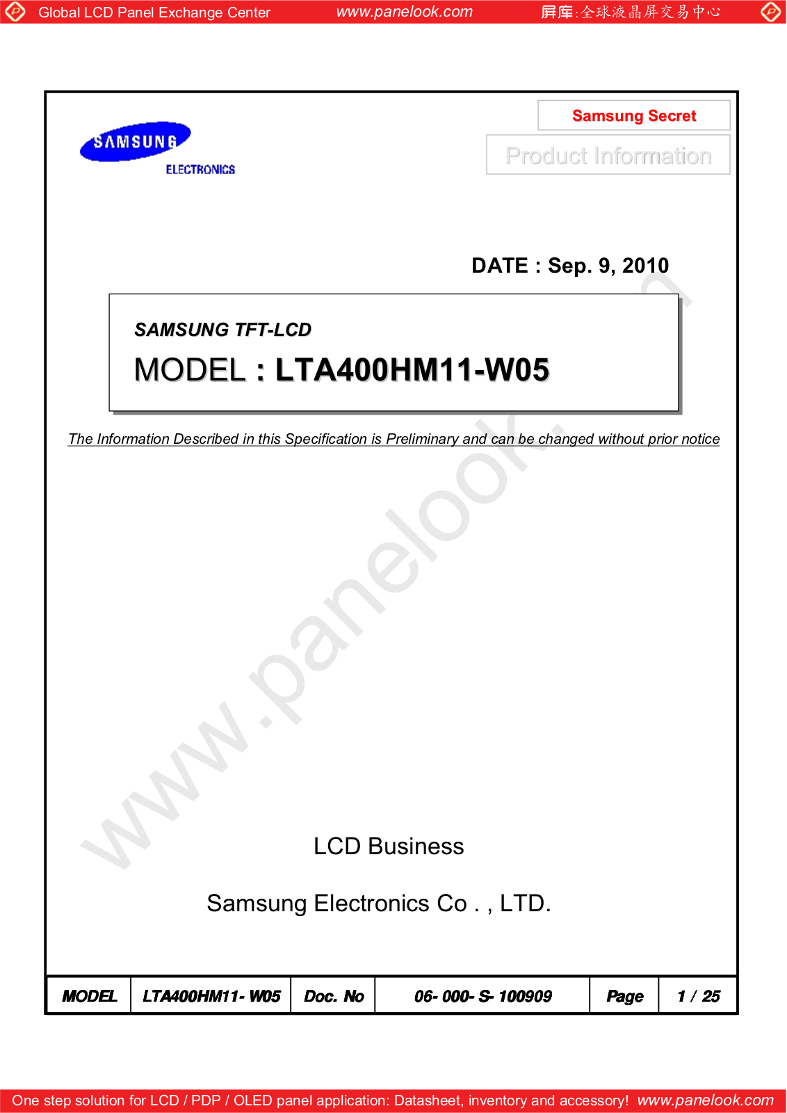 SAMSUNG LTA400HM11-W05 Specification