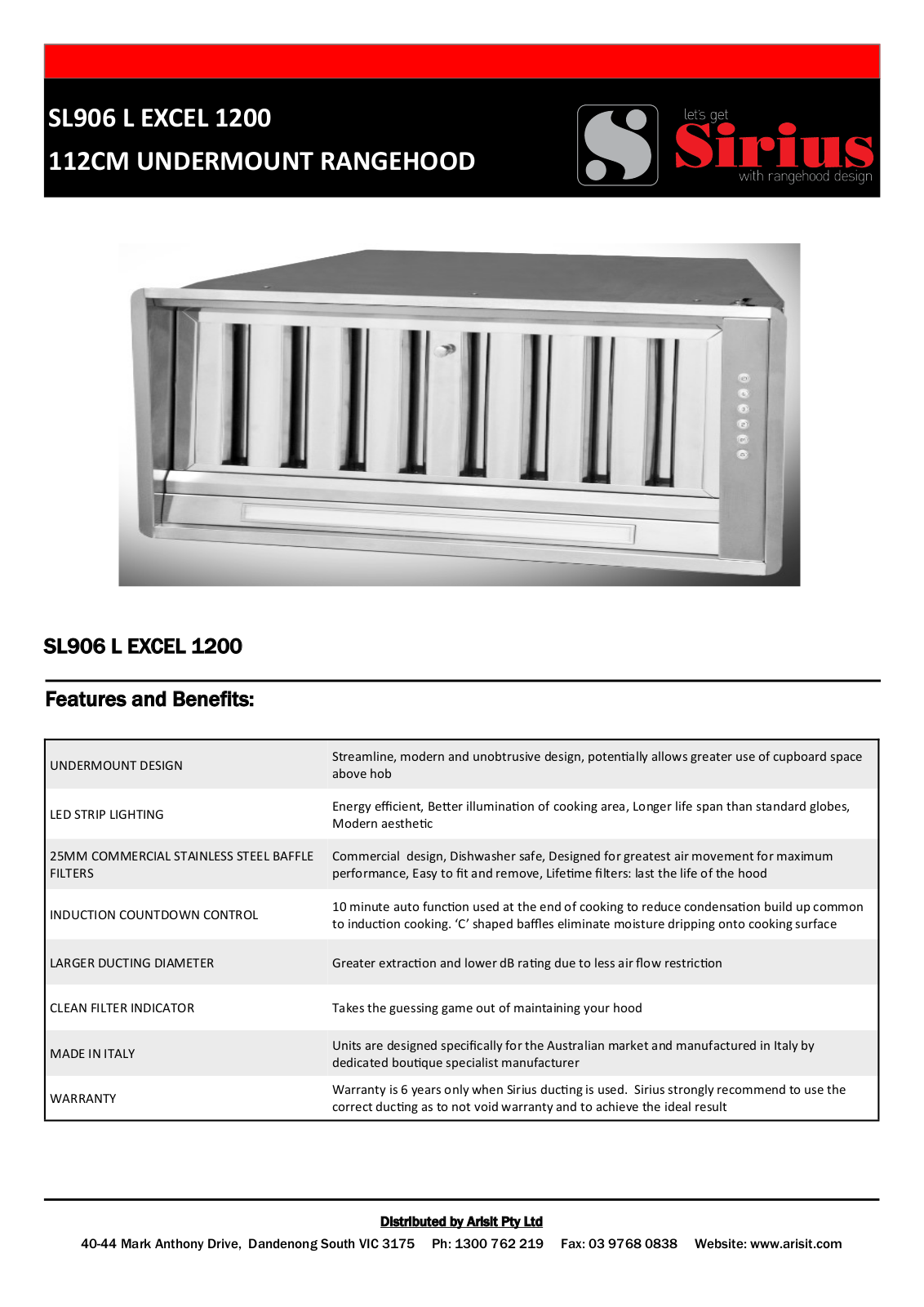 Sirius SL906LEXCEL1200 Specifications Sheet