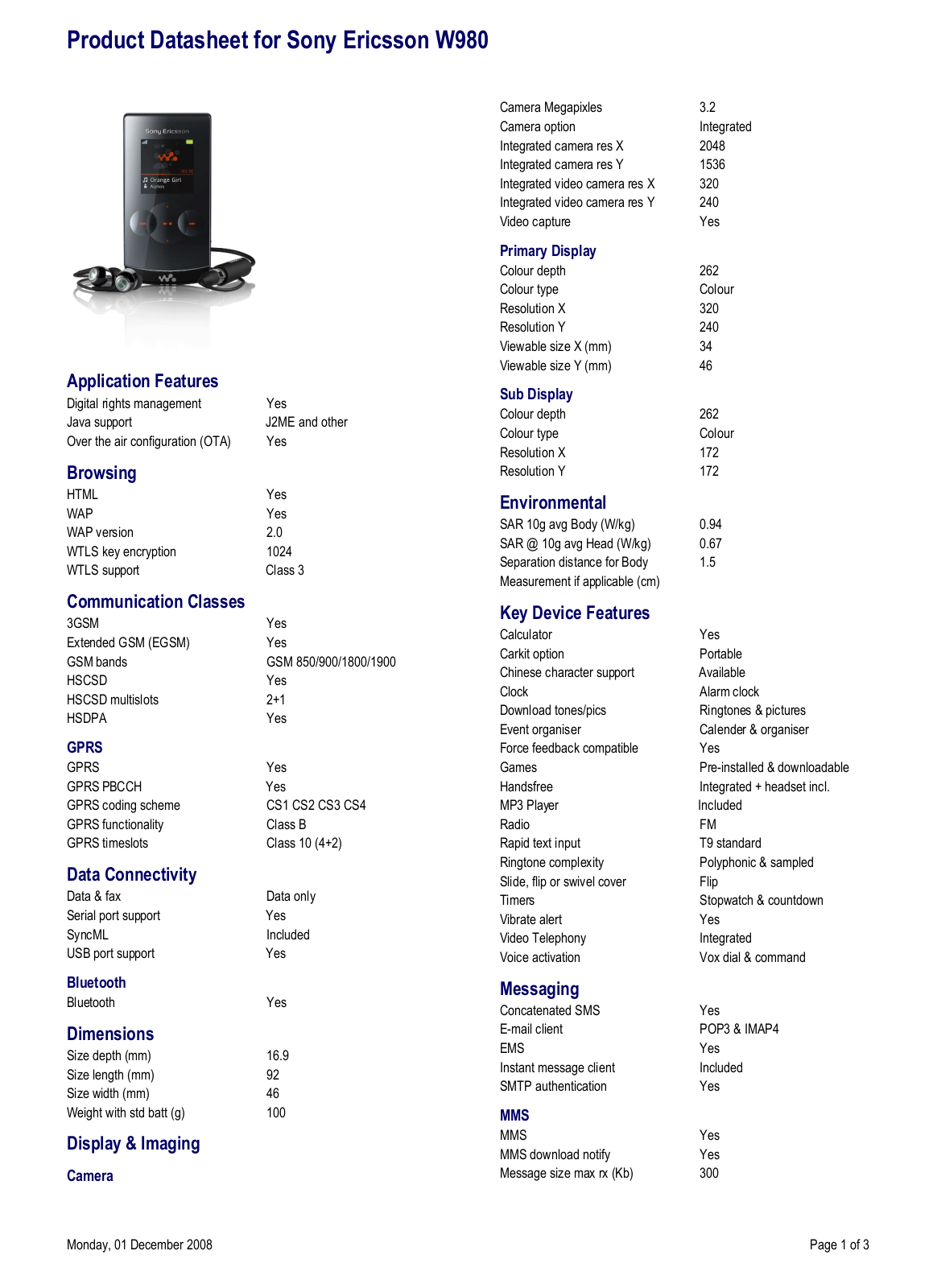 Sony ericsson W980 DATASHEET