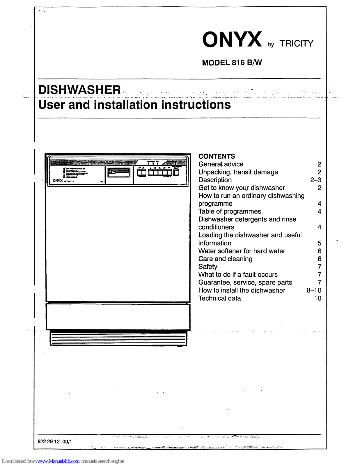 Tricity Bendix ONYX 816 B, ONYX 816 W User And Installation Instructions Manual