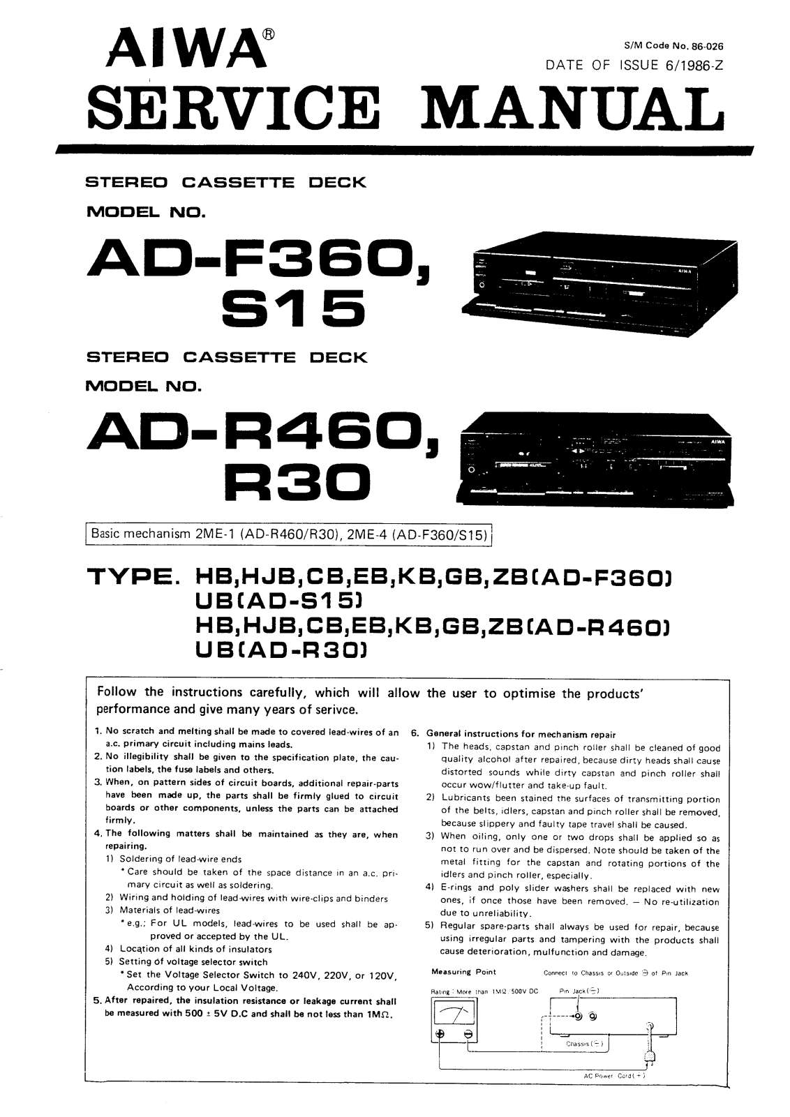 Aiwa ADF-360, ADR-30, ADR-460, ADS-15 Service manual