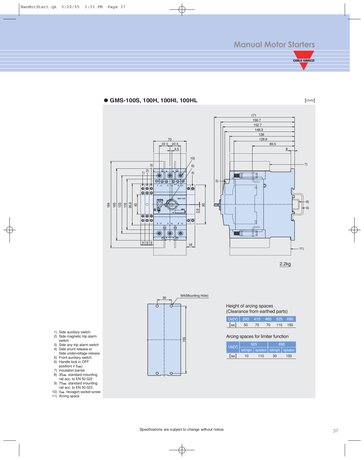 Carlo Gavazzi GMS-100S, GMS-100H, GMS-100HI, GMS-100HL Dimensional Sheet