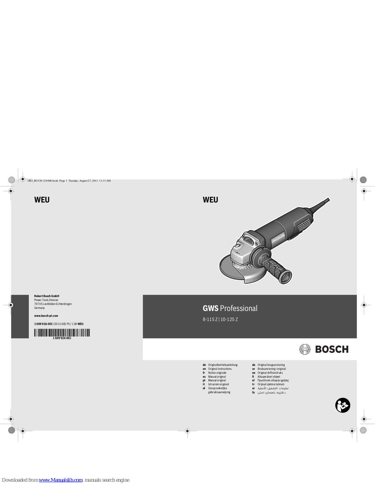 Bosch GWS 8-115 Z Professional, GWS 10-125 Z Professional Original Instructions Manual