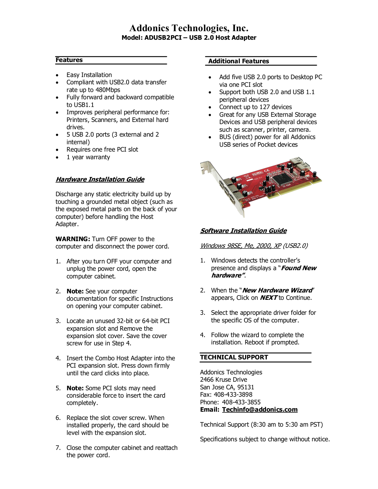 Addonics Technologies ADUSB2PCI User Manual