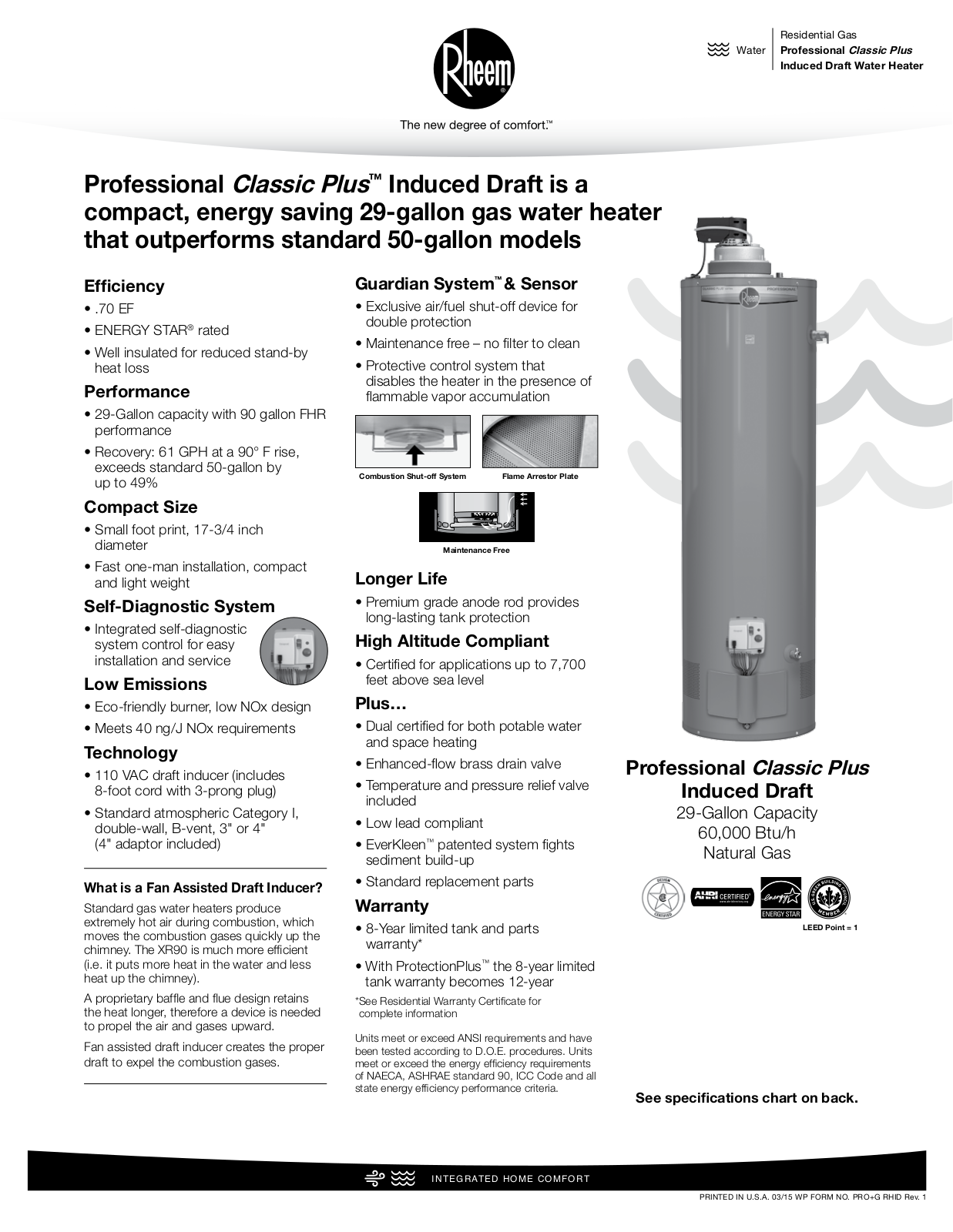 Rheem Professional Classic Plus Series Induced Draft Specification