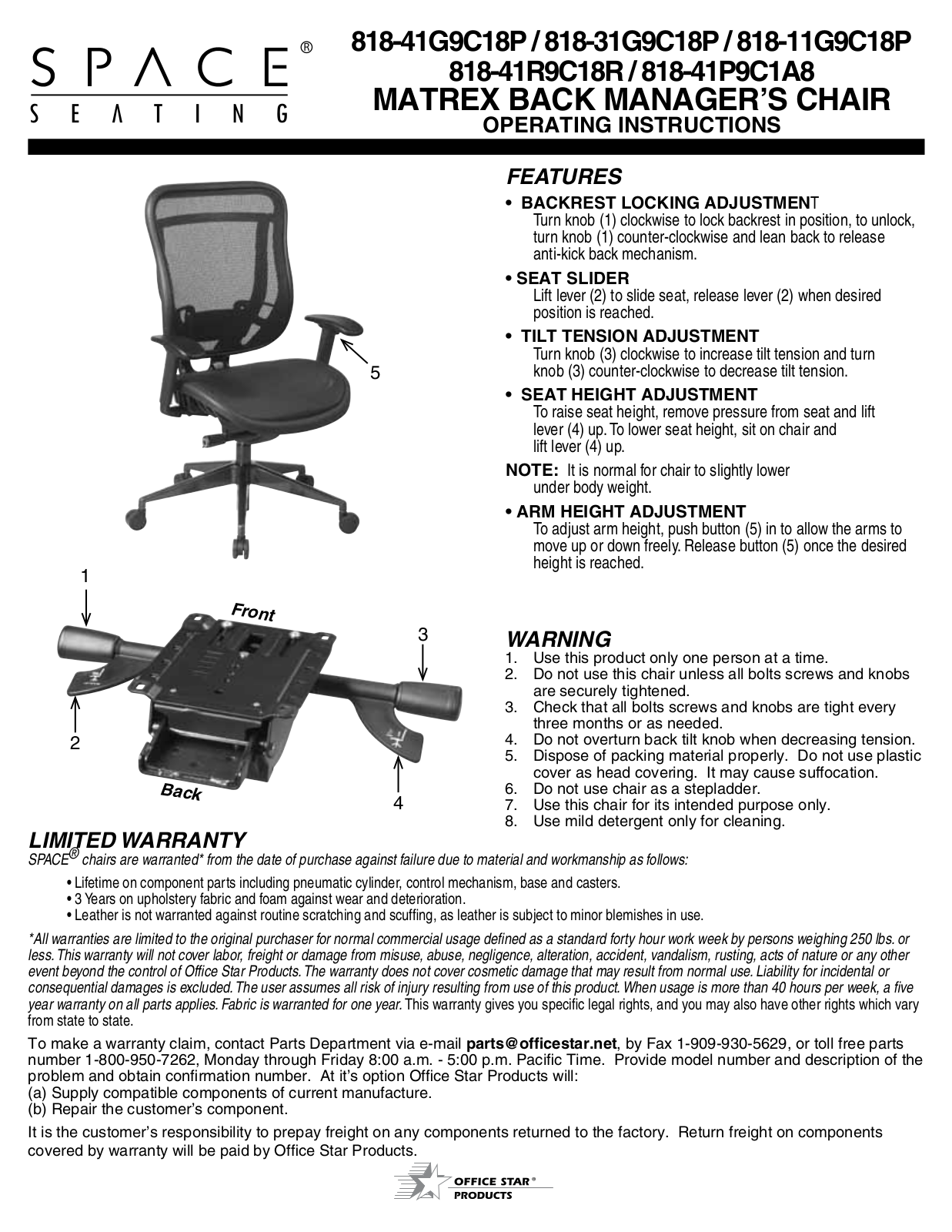 Office Star Products 818-41P9C1A8, 818-41G9C18P, 818-31G9C18P, 818-11G9C18P, 818-41R9C18R Operating Instructions Manual