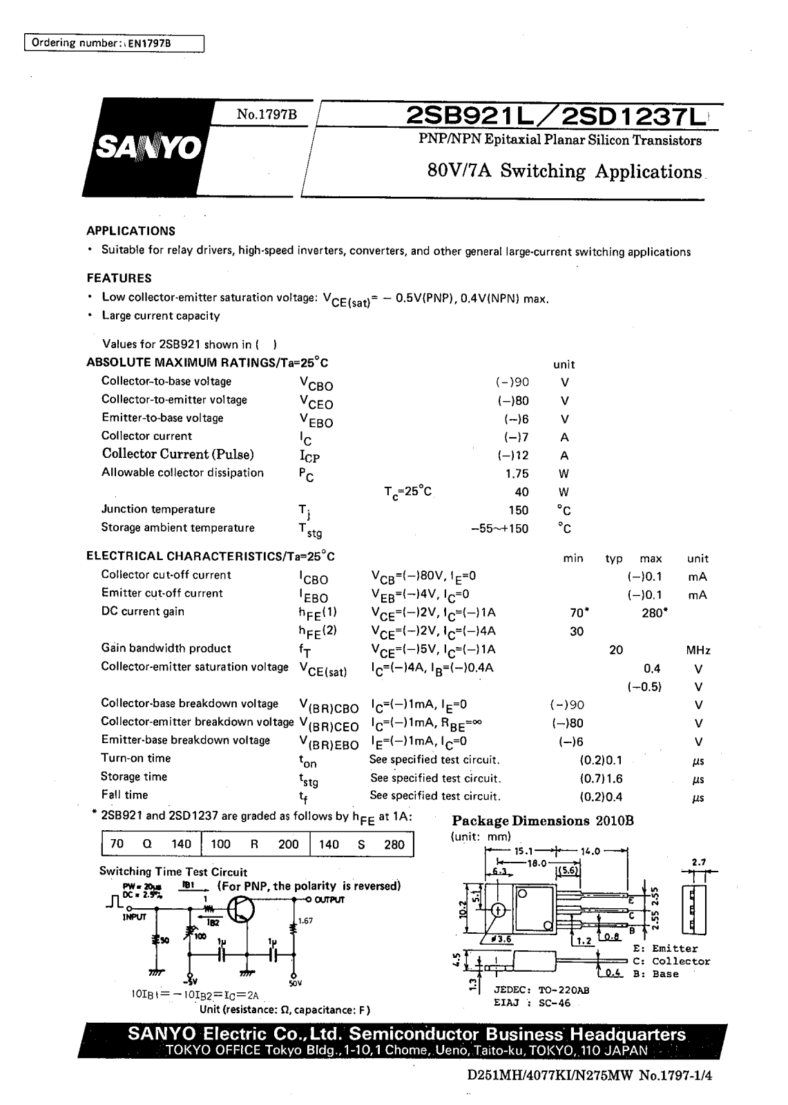 SANYO 2SD1237L, 2SB921L Datasheet