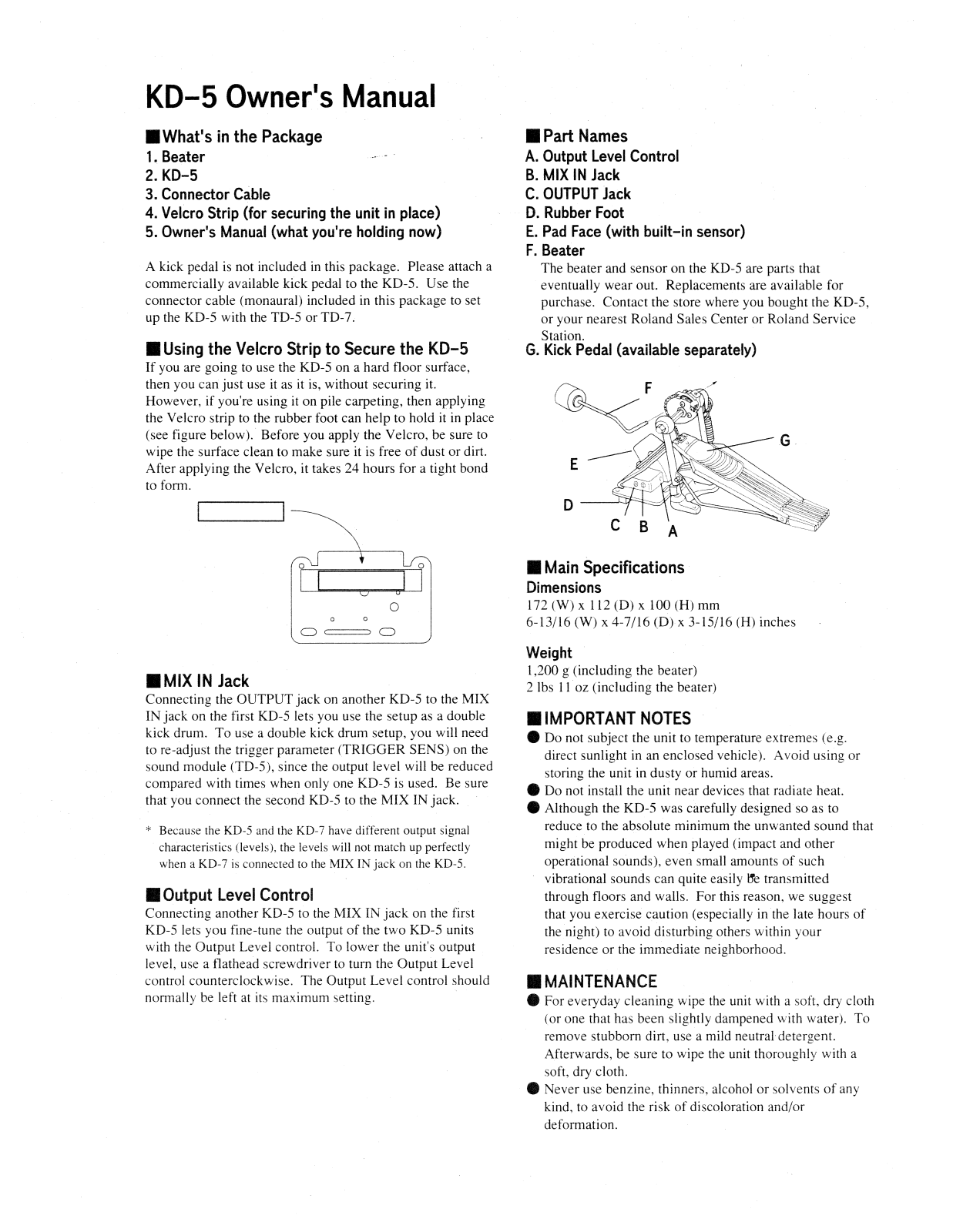 Roland Corporation KD-5 Owner's Manual