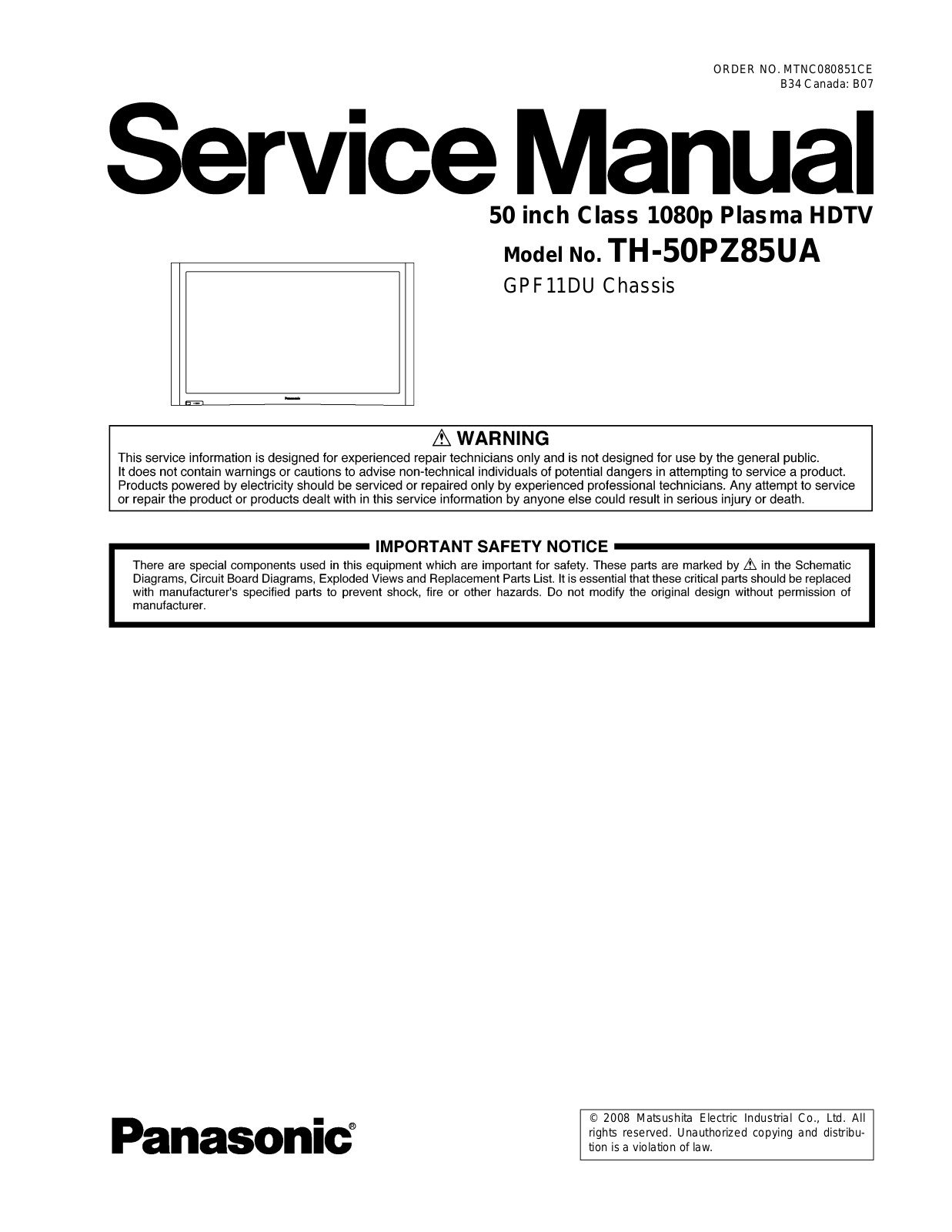 Panasonic TH-50PZ85UA Service Manual