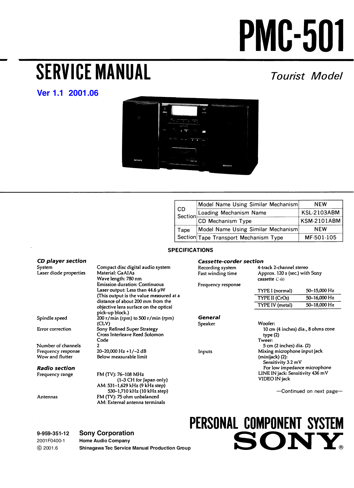 Sony PMC-501 Service manual