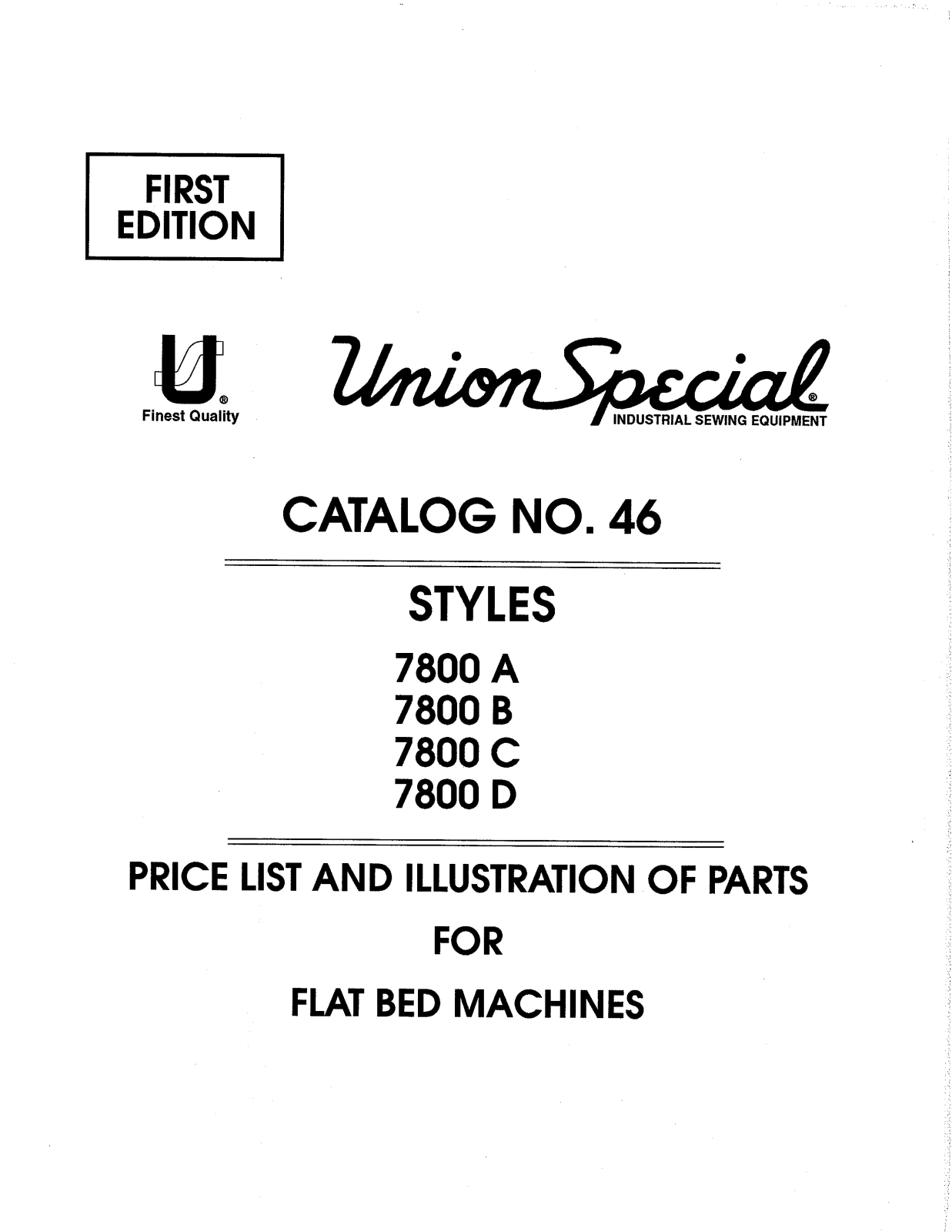 Union Special 7800A, 7800B, 7800C, 7800D Parts List