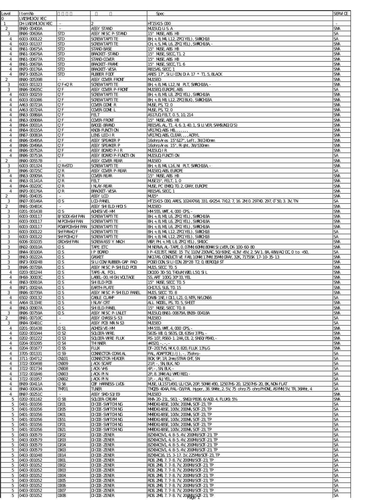 SAMSUNG LW15M13C Service Manual Part List