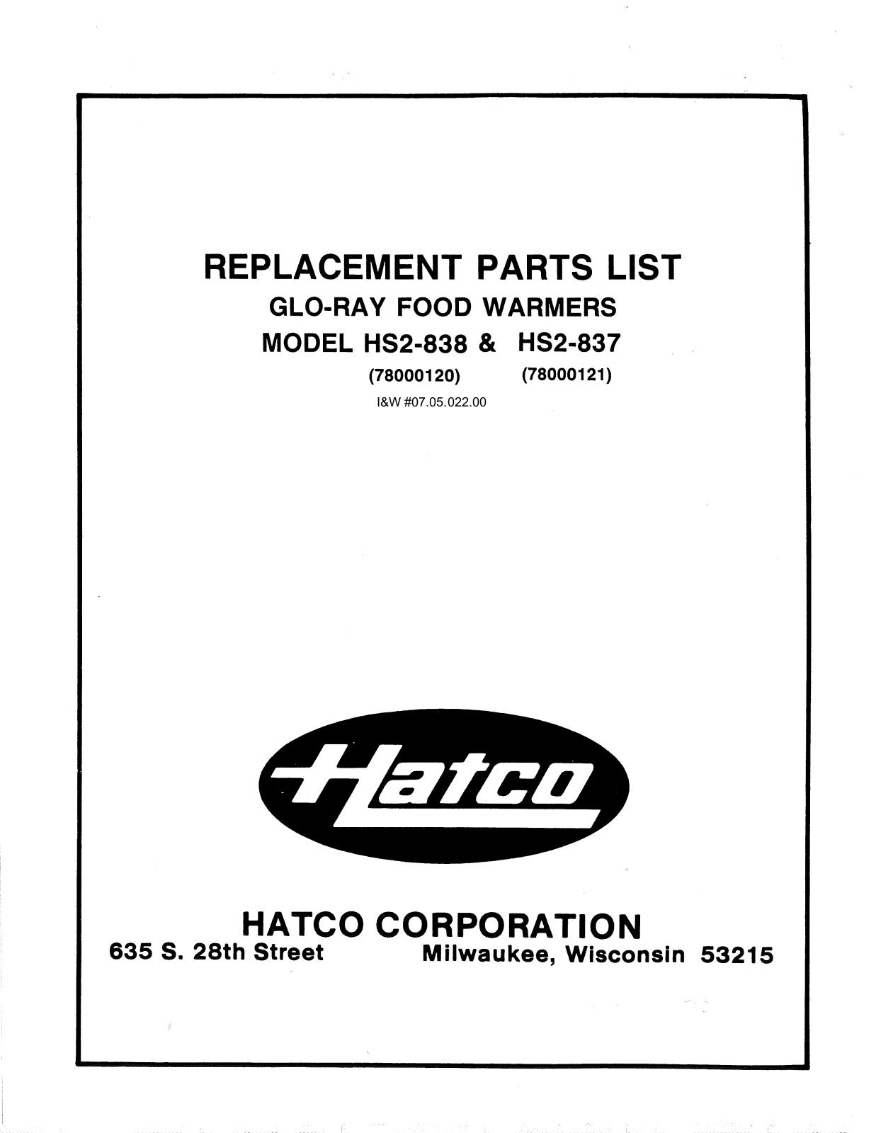 Hatco HS2-837 Parts List