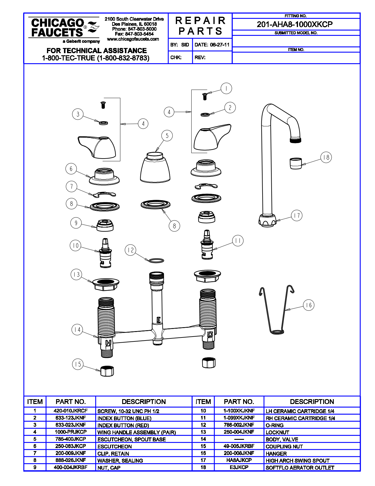 Chicago Faucet 201-AHA8-1000XK Parts List