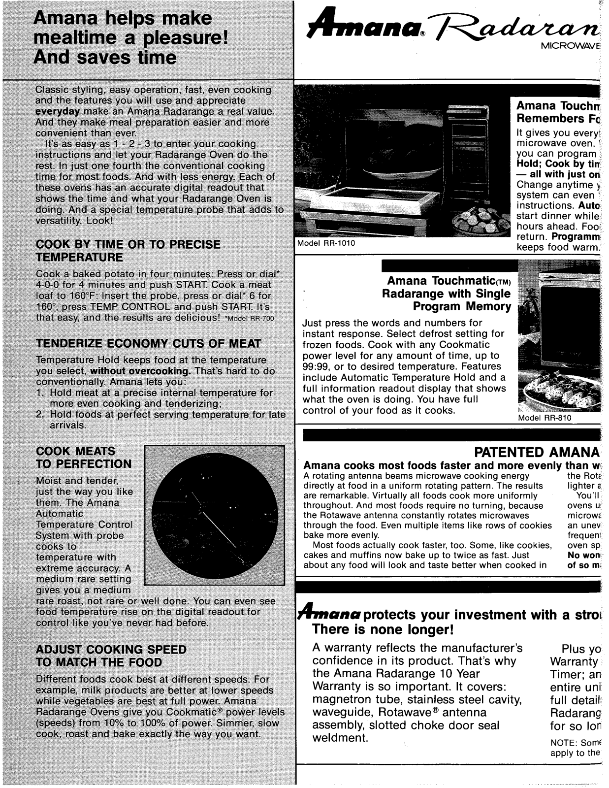 Amana RR1010, RR700, RR810, RR910 Specification Sheet