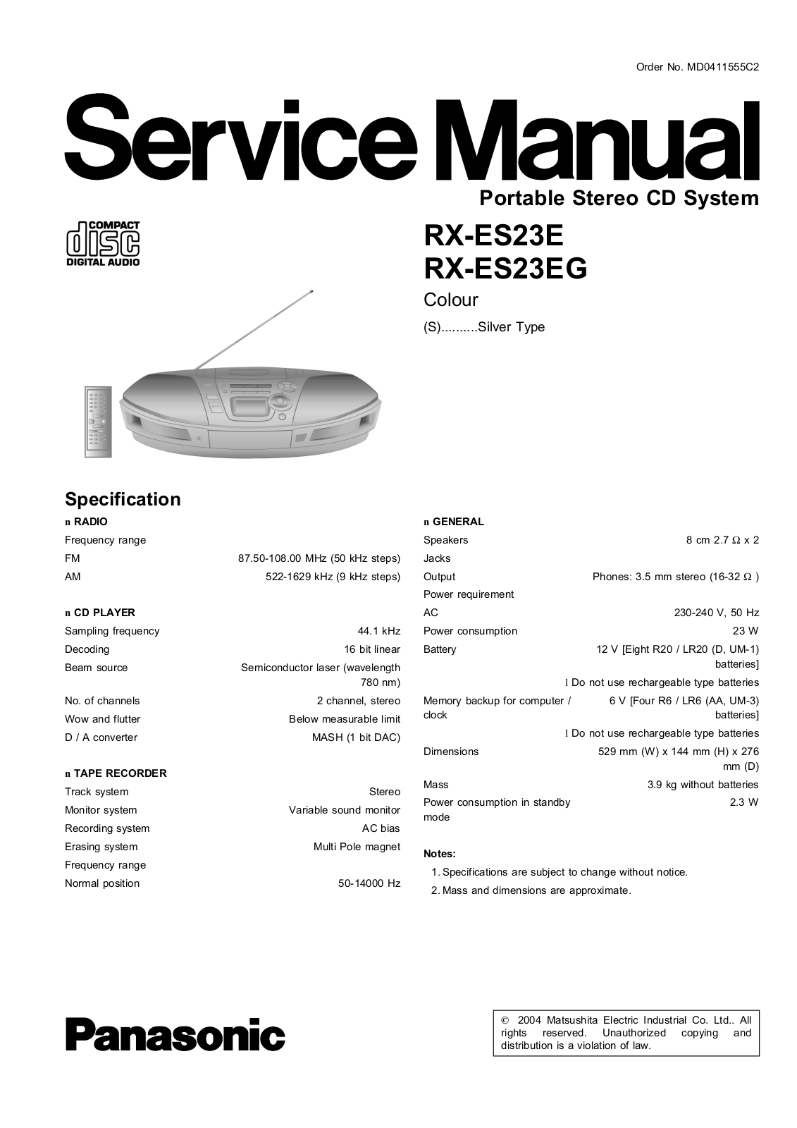 Panasonic RX-ES23E, RX-ES23EG Service Manual