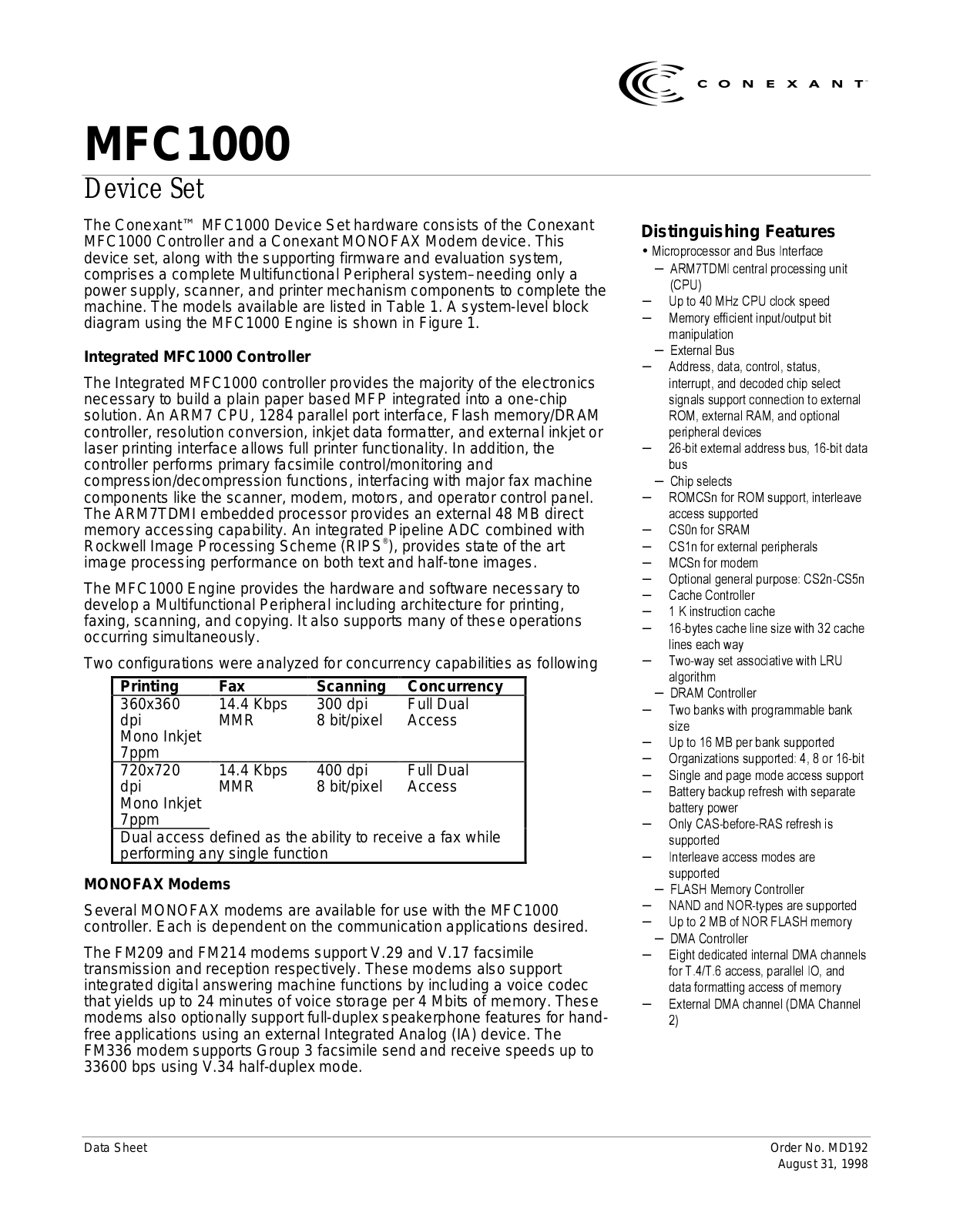 Conexant MFC1000 Datasheet