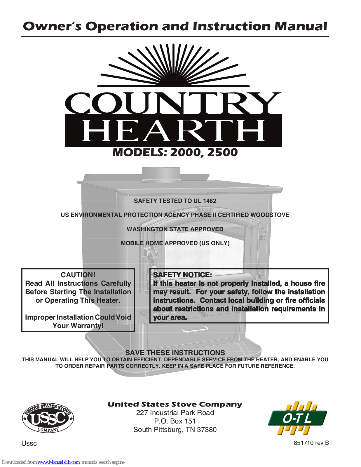 Country Hearth 2000, 2500 Owner's Operation And Instruction Manual