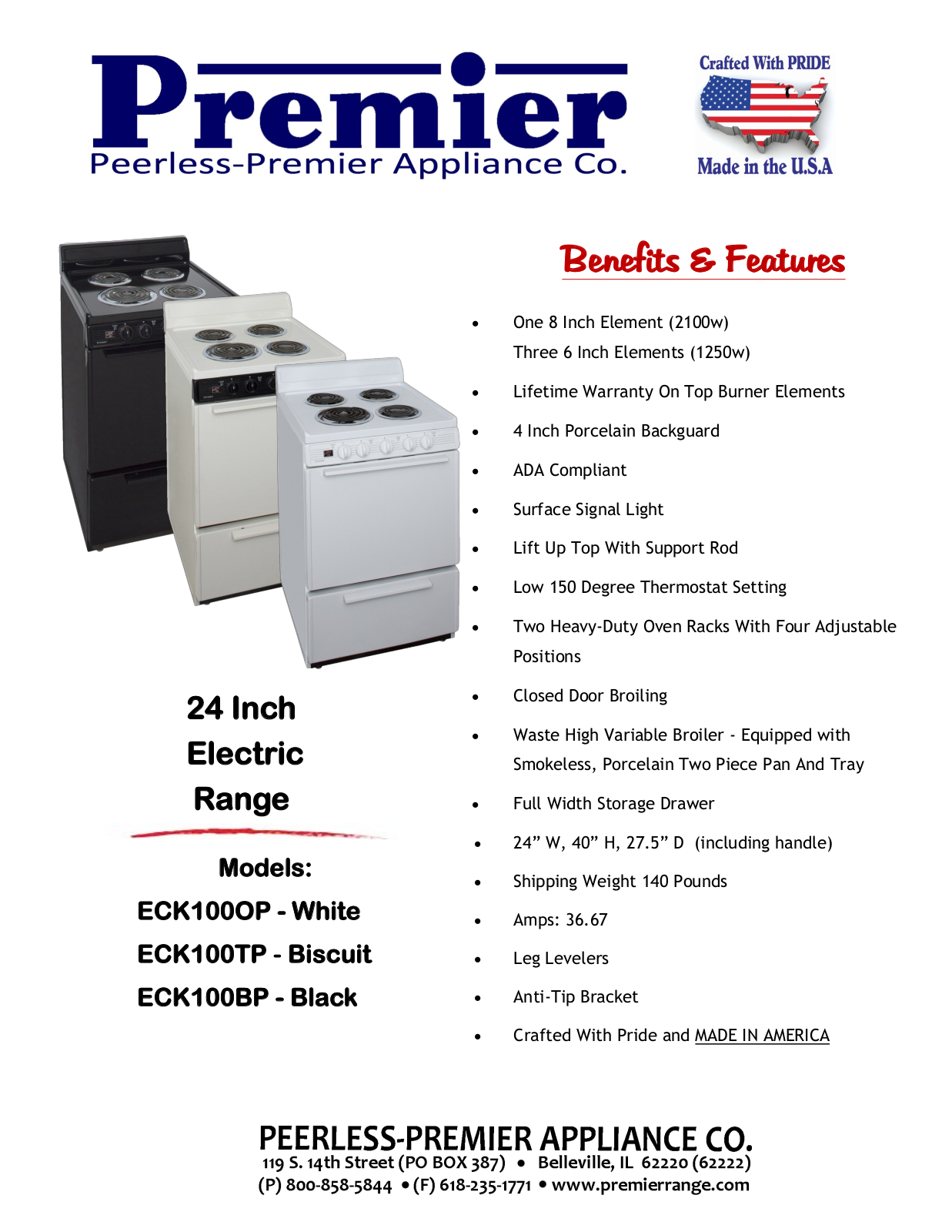 Premier ECK100OP, ECK100TP, ECK100BP Specifications - ManualMachine.com